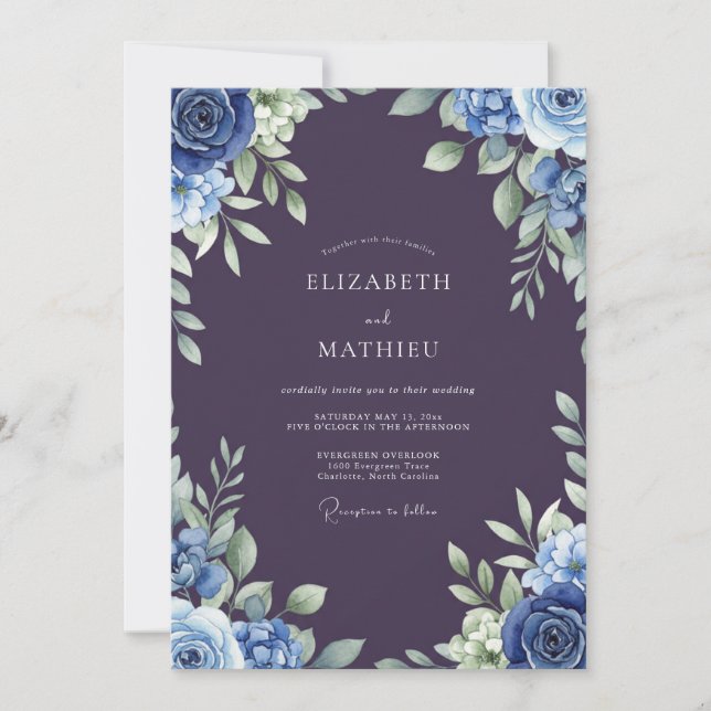 Invitation Mariage peint Prune Bleuet (Devant)