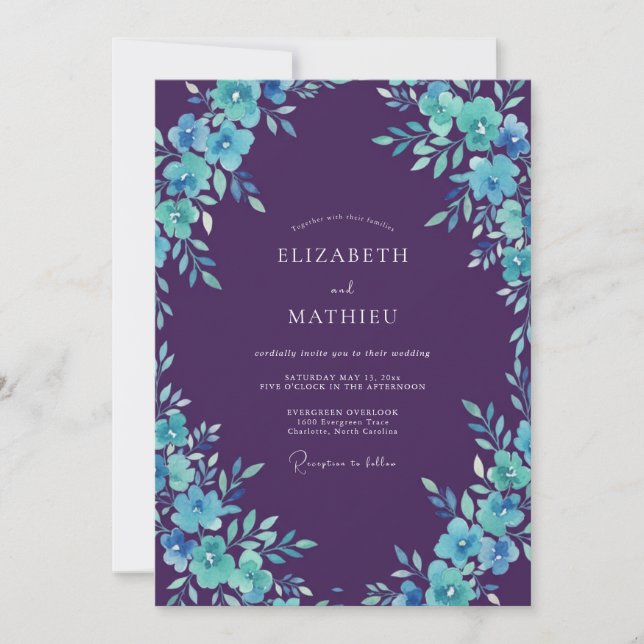 Invitation Mariage peint prune turquoise (Devant)