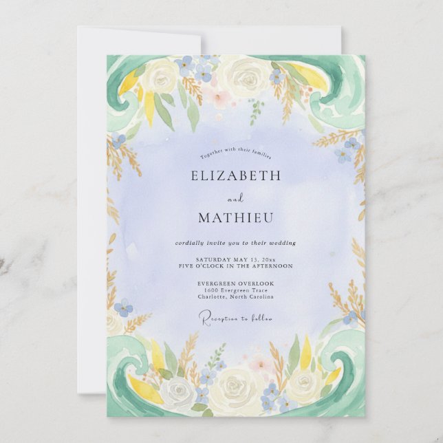 Invitation Mariage peint rustique au bleu pervenche et au cit (Devant)