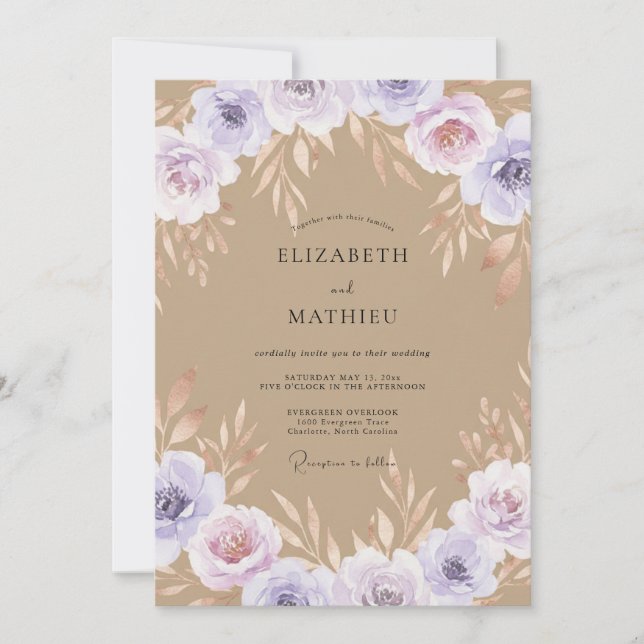Invitation Mariage Peint Taupe Lilas (Devant)