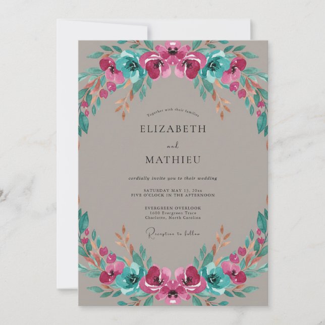Invitation Mariage peint taupe magenta sarcelle (Devant)