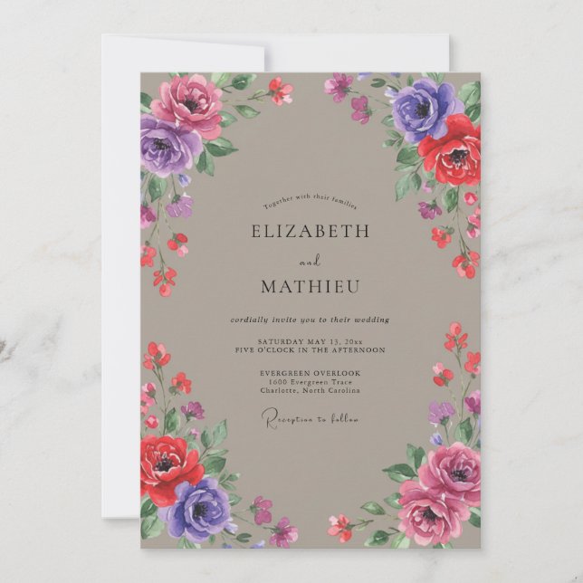 Invitation Mariage Peint Taupe Violet (Devant)