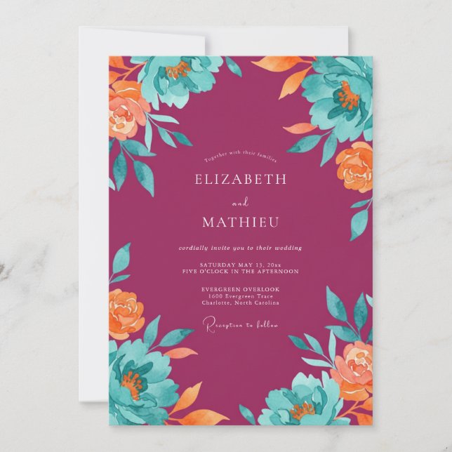 Invitation Mariage peint turquoise et prune de jardin (Devant)