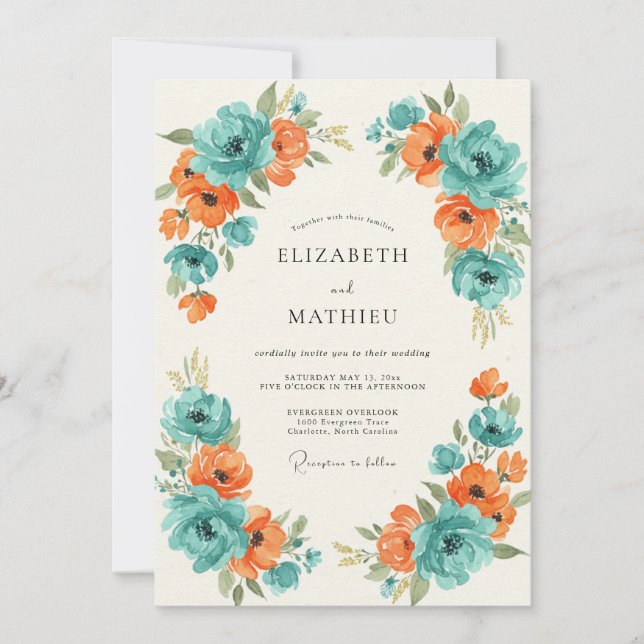 Invitation Mariage peint turquoise orange (Devant)
