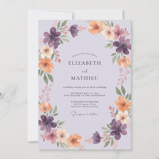 Invitation Mariage peint violet abricot (Devant)