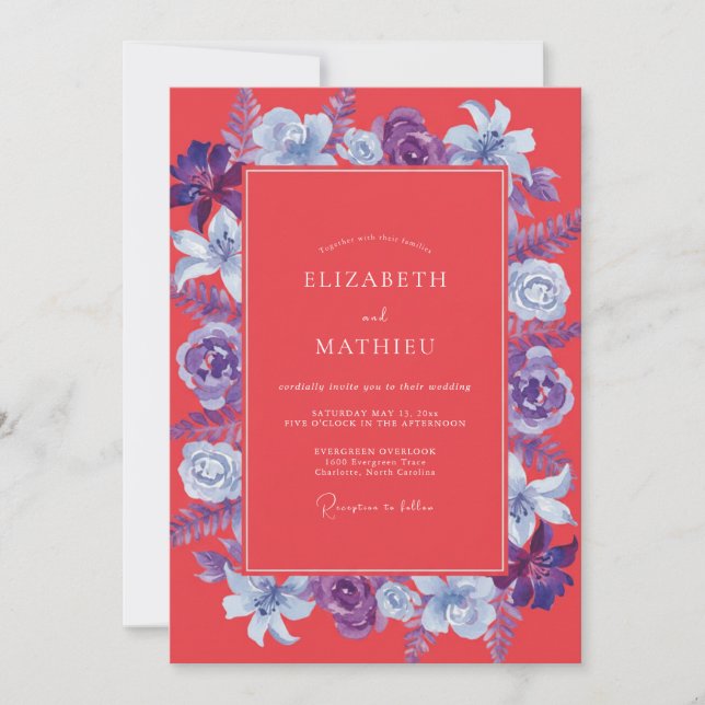 Invitation Mariage peint violet corail (Devant)