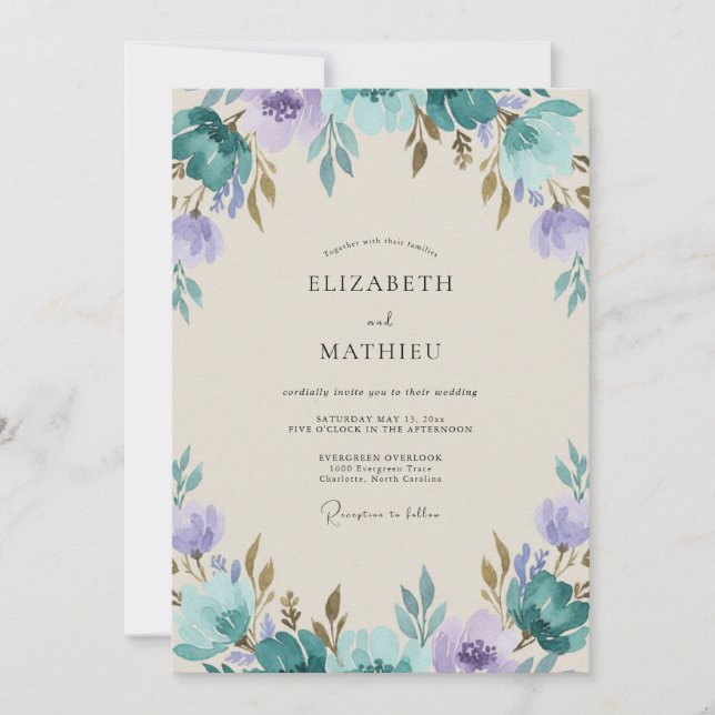 Invitation Mariage peint violet sarcelle vintage (Devant)