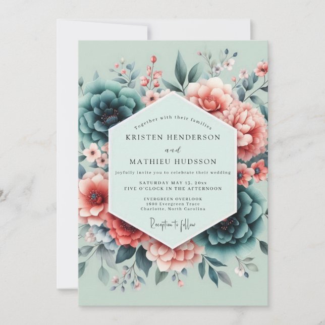 Invitation Mariage Peintre Corail Sarcelle (Devant)