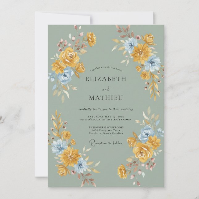 Invitation Mariage Péonie Bleuet Moutarde Intemporel (Devant)