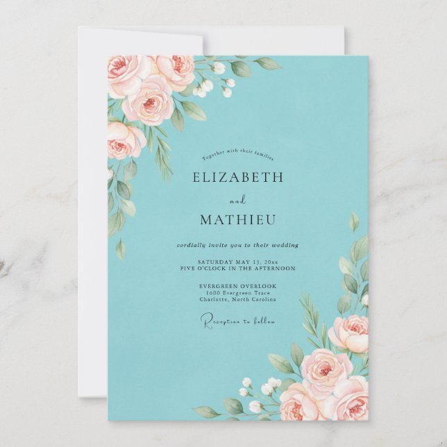 Invitation Mariage Péonie Rouge Clair Aqua (Devant)