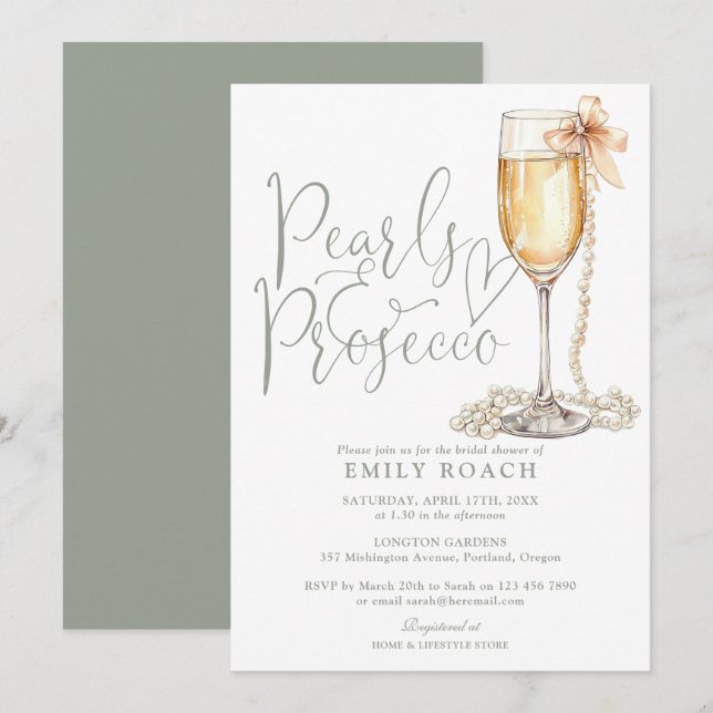 Invitation Mariage : Perles Et Prosecco Vert Sauge (Devant / Derrière)