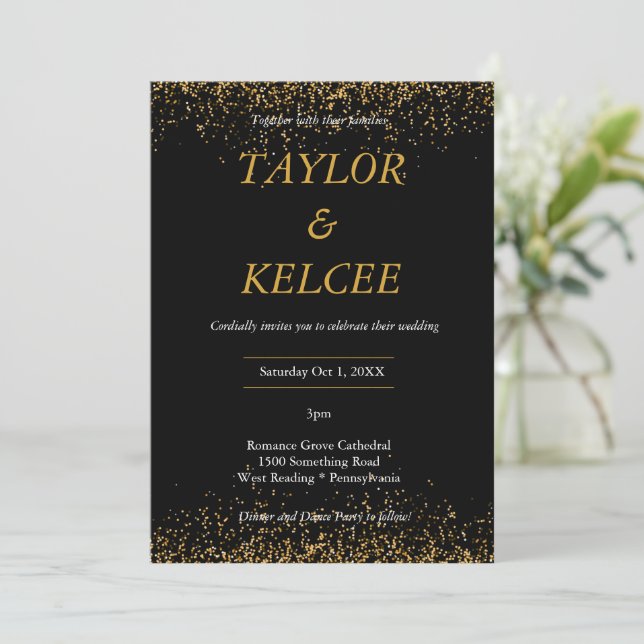 Invitation Mariage PERSONNALISABLE Black and Gold (Debout devant)