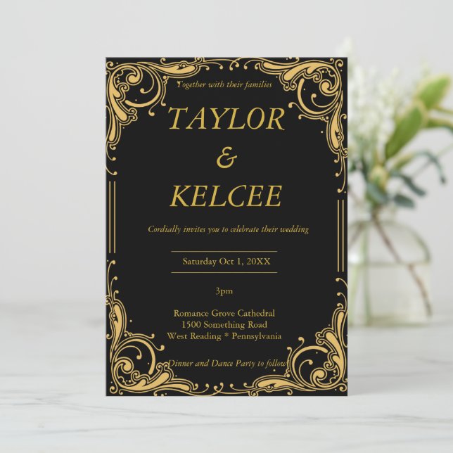 Invitation Mariage PERSONNALISABLE Black and Gold (Debout devant)