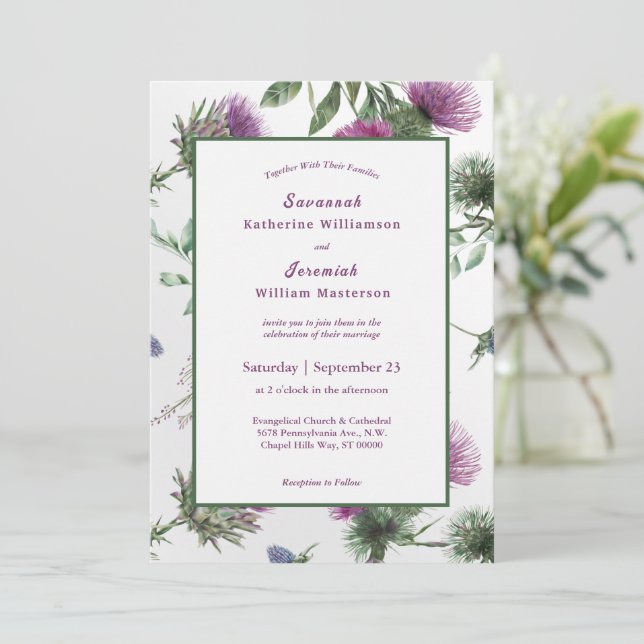 Invitation Mariage Personnalisable Chic violet chardon Floral (Debout devant)