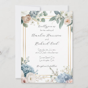 Invitation Mariage personnalisable Dusty Blue Gold Floral