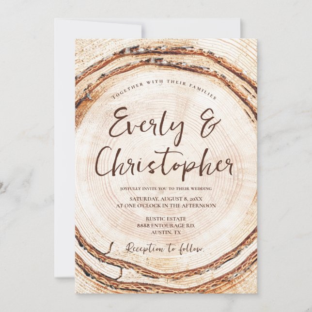 Invitation Mariage personnalisable en coupe de bois rustique (Devant)