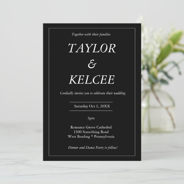 Invitation Mariage PERSONNALISABLE noir et blanc minimal (Debout devant)