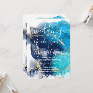 Invitation Mariage personnalisé à l'encre alcoolique Bleu Or