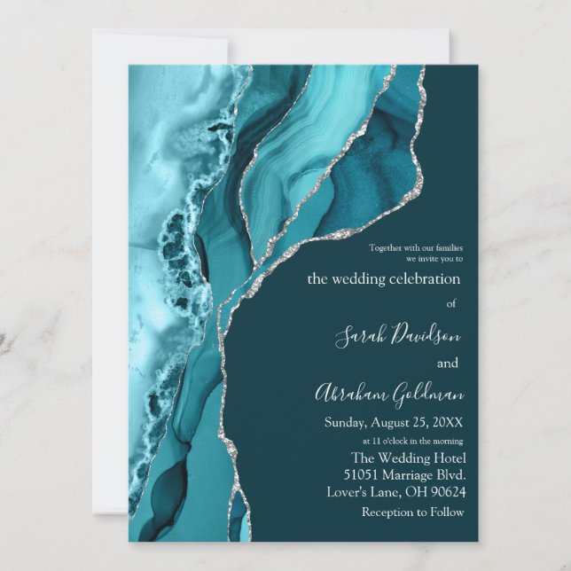 Invitation Mariage personnalisé agate sarcelle paillettes arg (Devant)