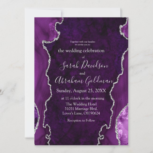 Invitation Mariage personnalisé agate violette paillettes arg (Devant)