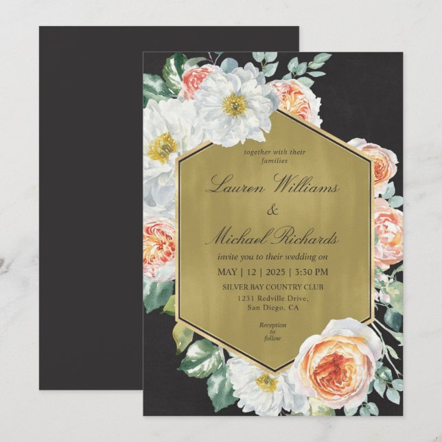 Invitation Mariage personnalisé Black Gold et Rose Peach (Devant / Derrière)