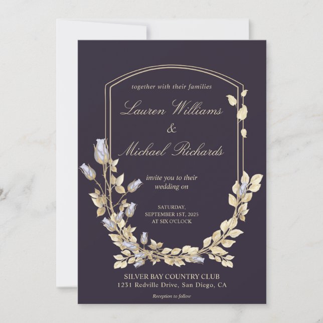 Invitation Mariage personnalisé Dark Blue Gold Flower Shield (Devant)