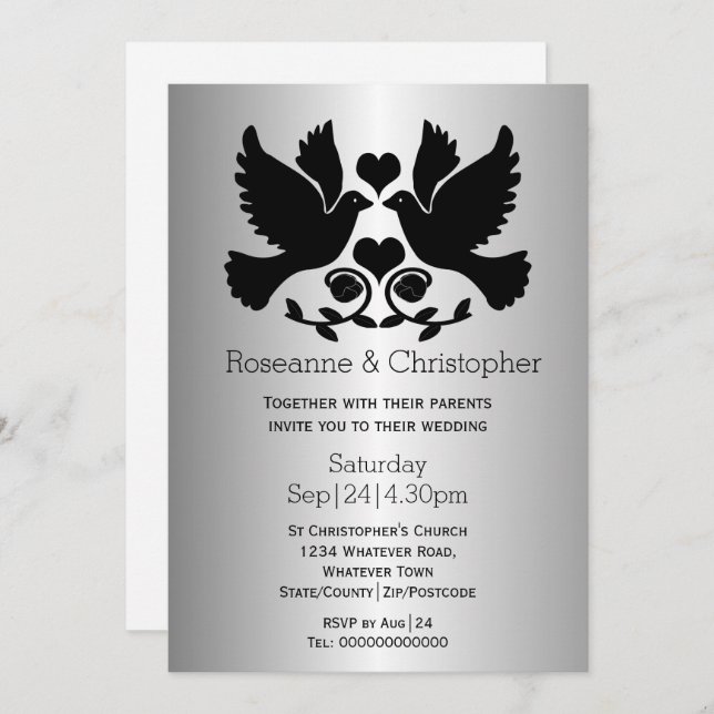 Invitation Mariage personnalisé de la colombe couleur argent (Devant / Derrière)