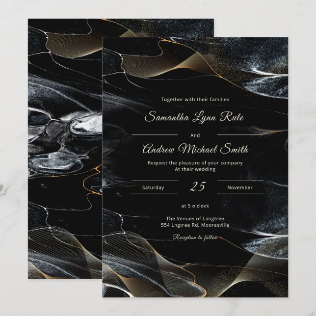 Invitation Mariage personnalisé noir blanc et or (Devant / Derrière)
