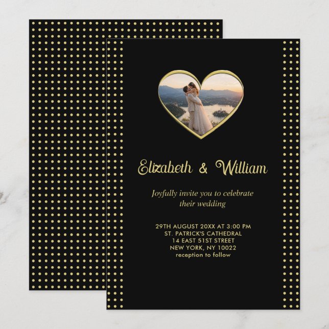 Invitation Mariage personnalisé pois dorés et noirs (Devant / Derrière)