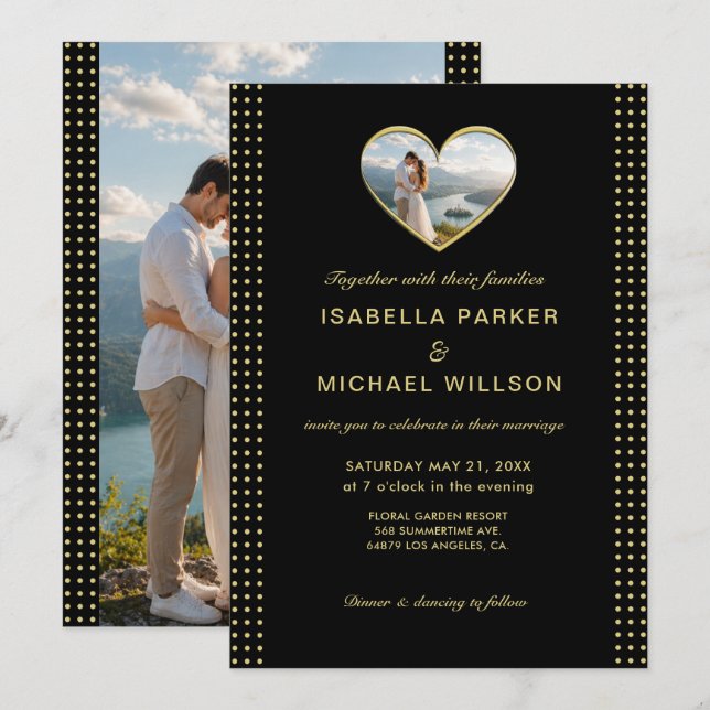 Invitation Mariage personnalisé pois dorés et noirs (Devant / Derrière)