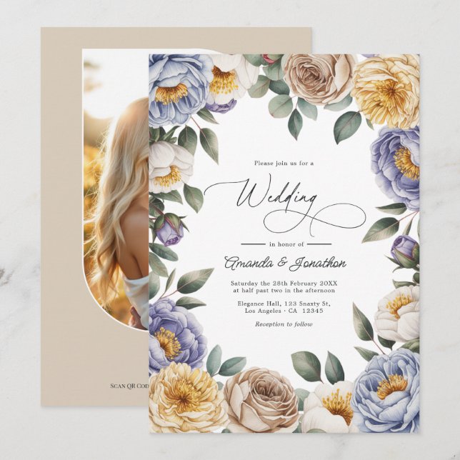 Invitation Mariage Pervenche Atténué, Crème Beurre et Greige (Devant / Derrière)