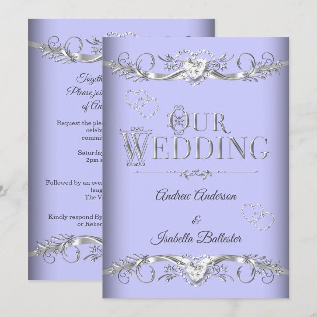 Invitation Mariage Pervenche Bleu Argent Diamant Cœurs (Devant / Derrière)
