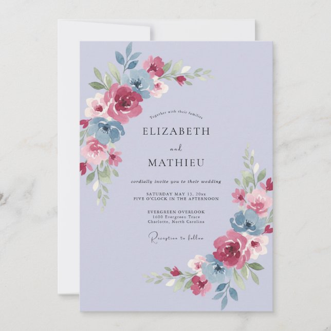 Invitation Mariage Pervenche Bourgogne Ranunculus Eucalyptus (Devant)