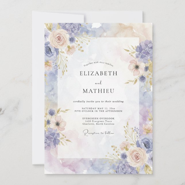 Invitation Mariage Pervenche Champagne Ranunculus Eucalyptus (Devant)
