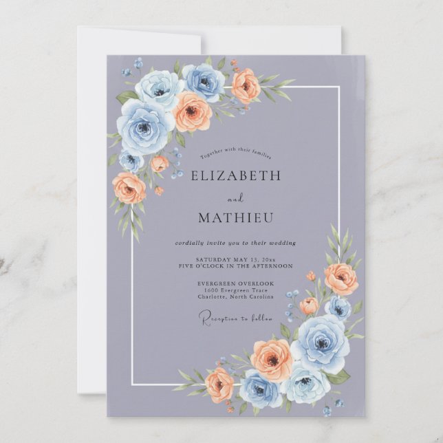 Invitation Mariage Pervenche Chaud Pivoine Pêche (Devant)
