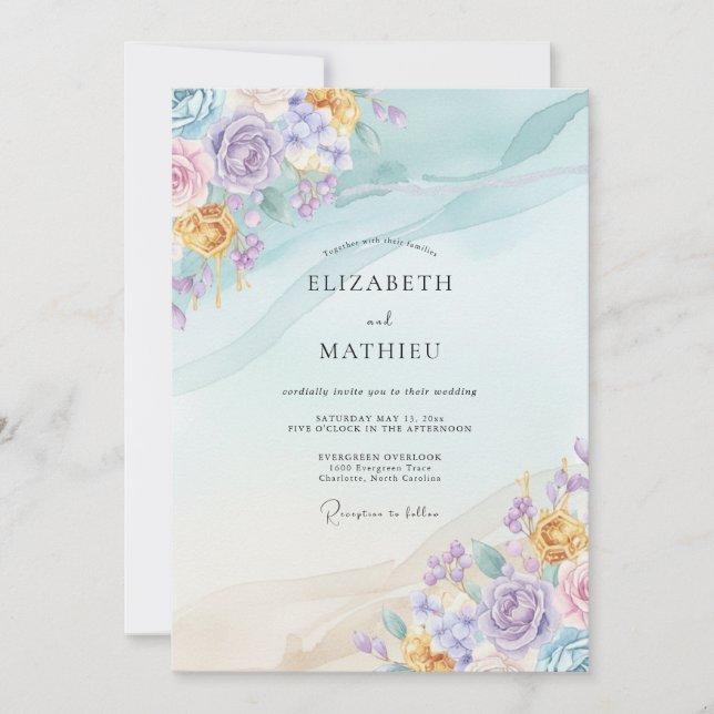 Invitation Mariage Pervenche Citrine Pétales (Devant)