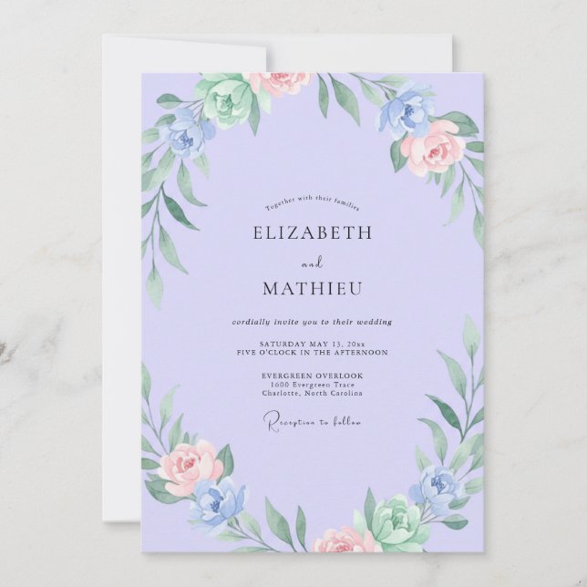 Invitation Mariage Pervenche Feuillage Sauge (Devant)