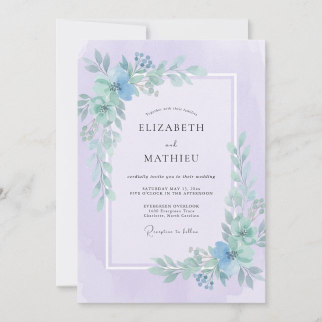 Invitation Mariage Pervenche Lilas Feuillu (Devant)