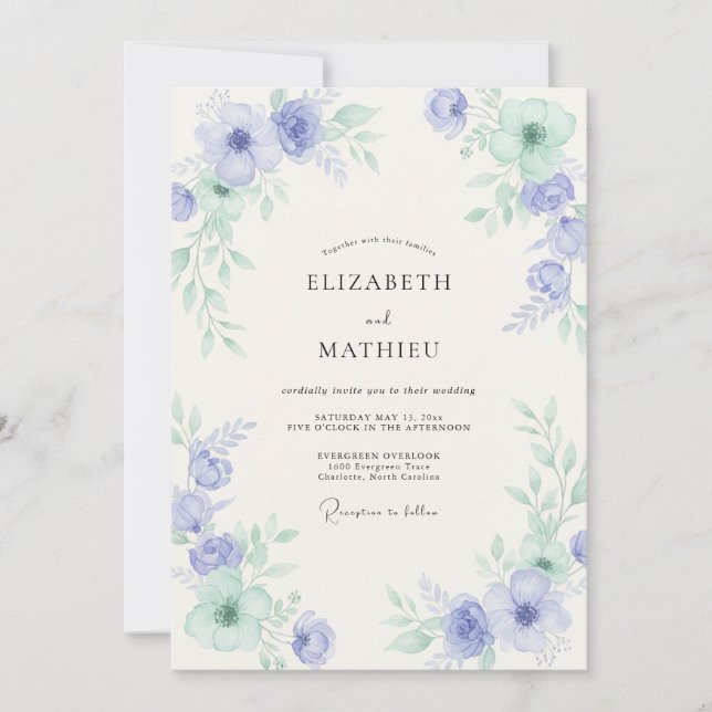 Invitation Mariage Pervenche Menthe Pivoine (Devant)