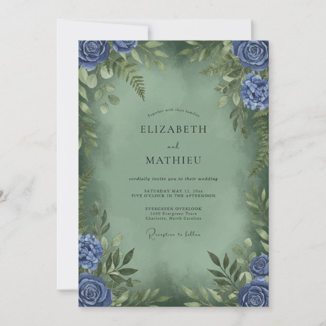 Invitation Mariage Pervenche Olive Ranunculus Eucalyptus (Devant)