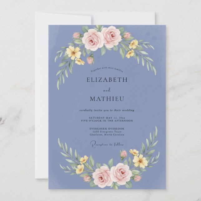 Invitation Mariage Pervenche Ranunculus Eucalyptus dépoussiér (Devant)
