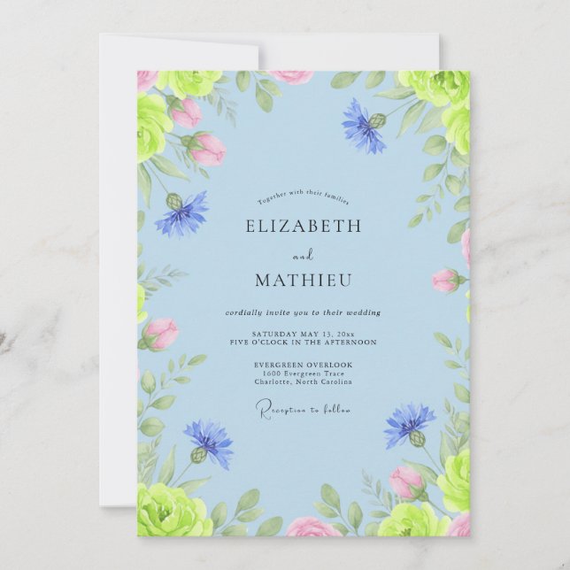 Invitation Mariage Pervenche Rose Bleuet Eucalyptus (Devant)