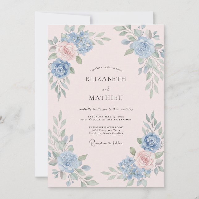 Invitation Mariage Pervenche Rose Poussiéreux Eucalyptus (Devant)