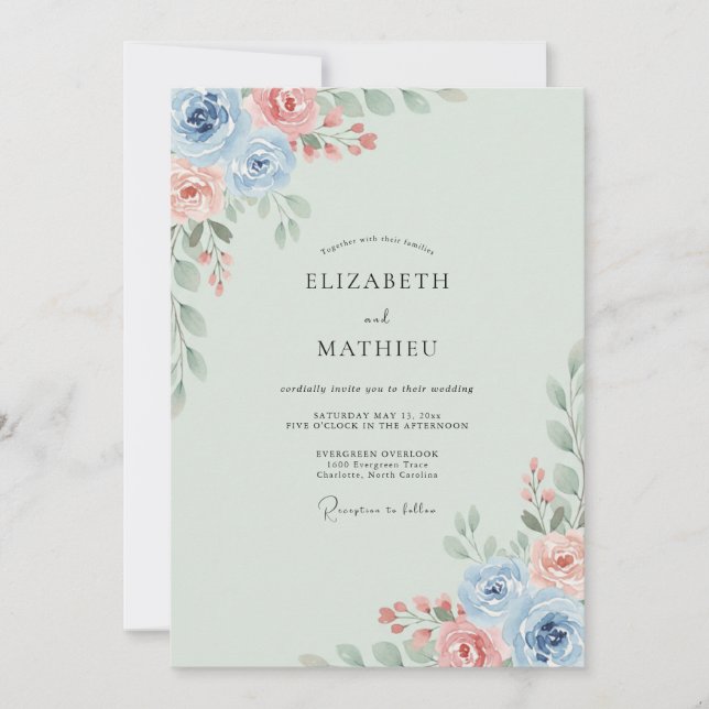 Invitation Mariage Pervenche Saumon Ranunculus Eucalyptus (Devant)