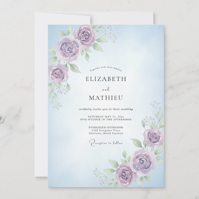 Invitation Mariage Pervenche Violet Ranunculus Eucalyptus (Devant)