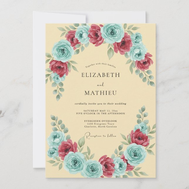 Invitation Mariage Pétale Aqua Cramoisi (Devant)