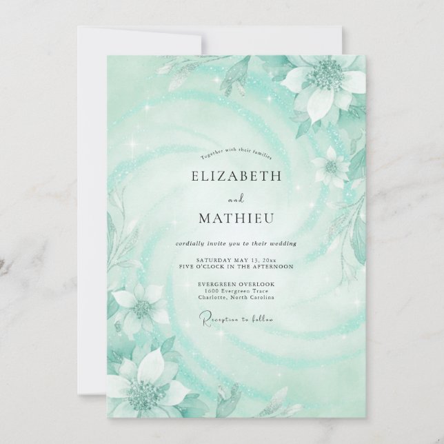 Invitation Mariage pétale aqua écume de mer (Devant)