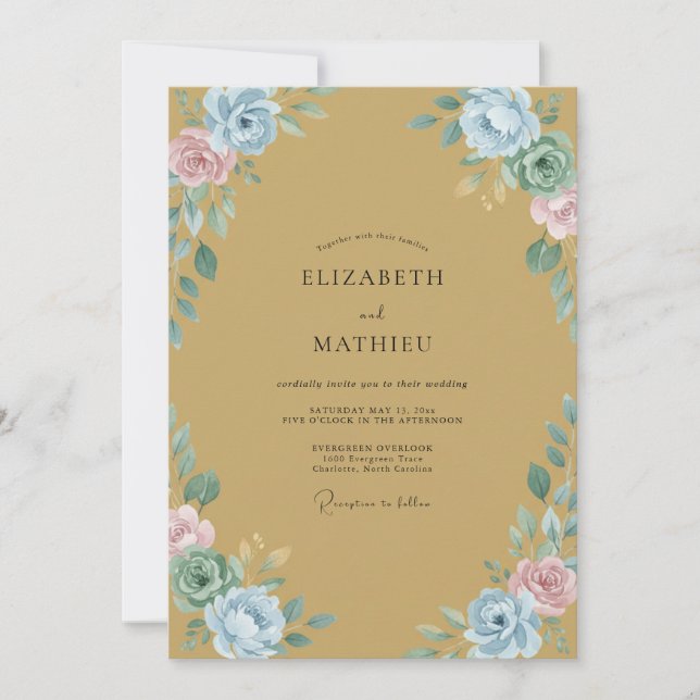 Invitation Mariage Pétale Aqua Moutarde (Devant)