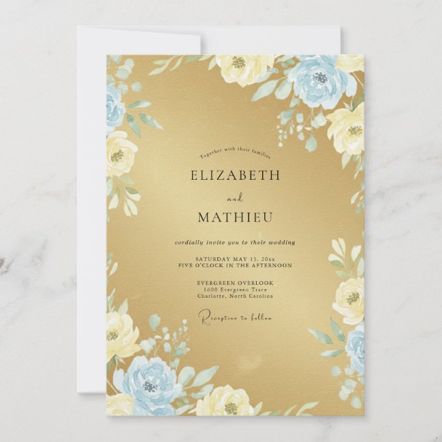 Invitation Mariage Pétale Azur Or (Devant)