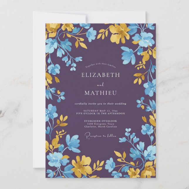 Invitation Mariage Pétale Azur Prune (Devant)